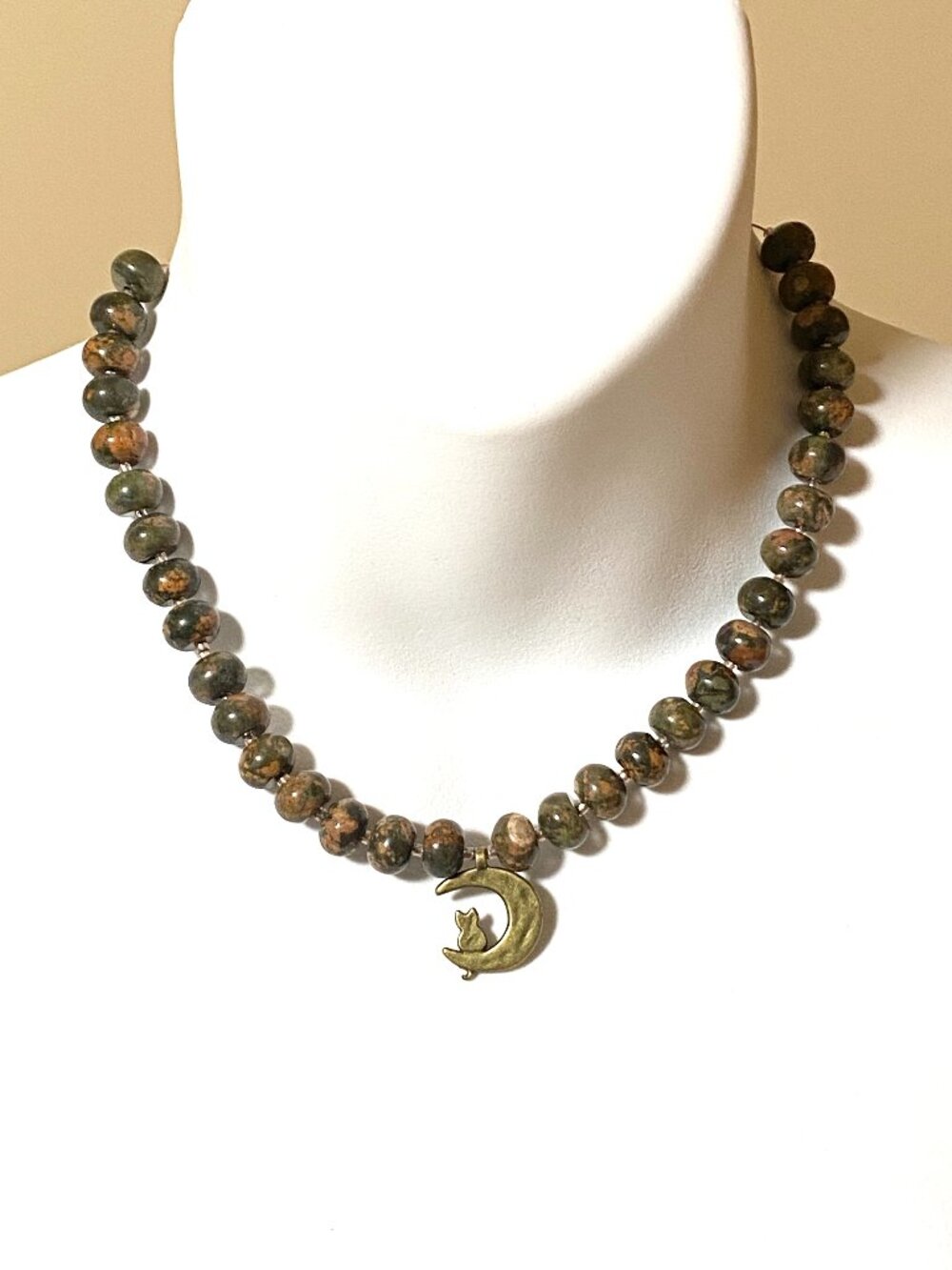 Earthy Unakite Short Necklace, Natural Gemstone & Bronze Cat on the Moon Pendant